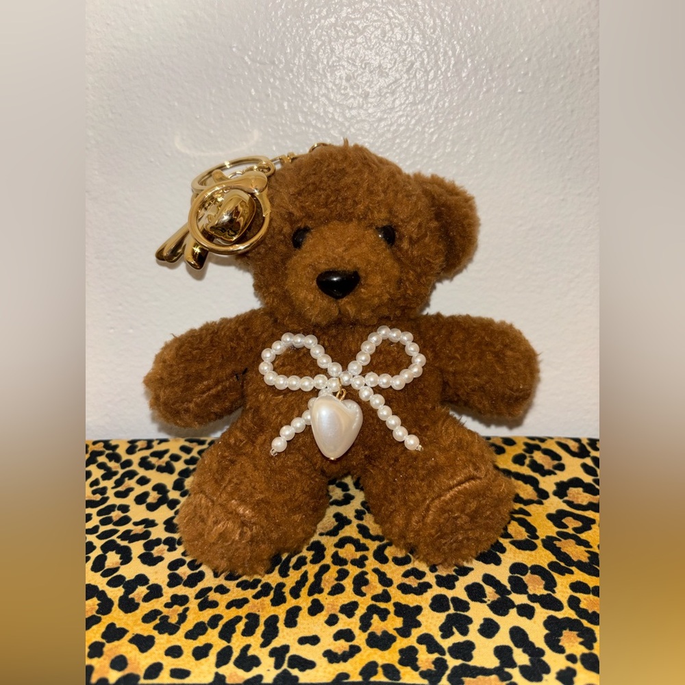 Brown Teddy Bear Keychain with Pearl Heart